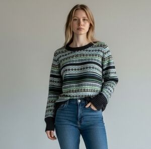 Vintage Old Navy Fair Isle Nordic Sweater Green Blue Y2k Lambs‎ Wool Angora M